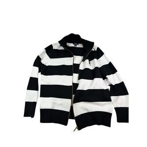 Chaps Womens 2X Black White Striped Full Zip Cotton Knit Cardigan Sweater Gold